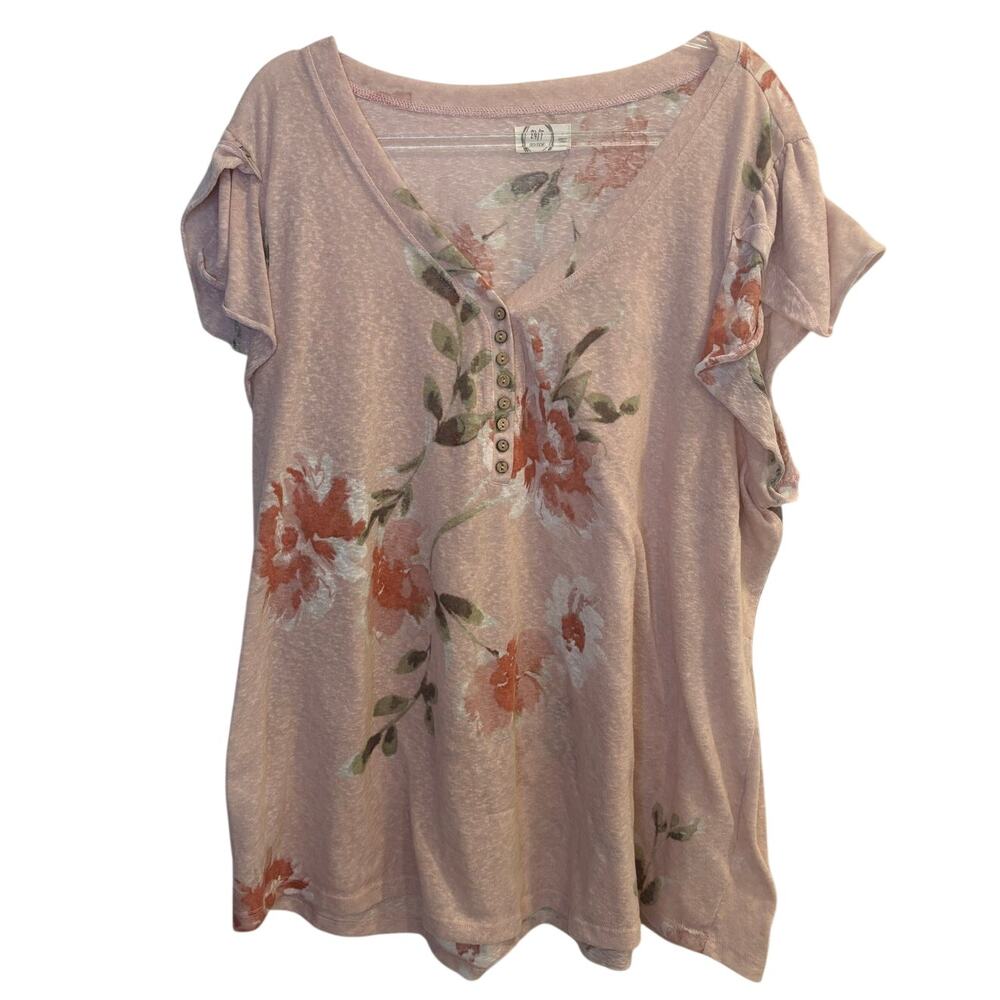 Maurices 24/7 Floral Flutter Sleeve Henley Top Pink Slub Knit Boho Plus Size 4X